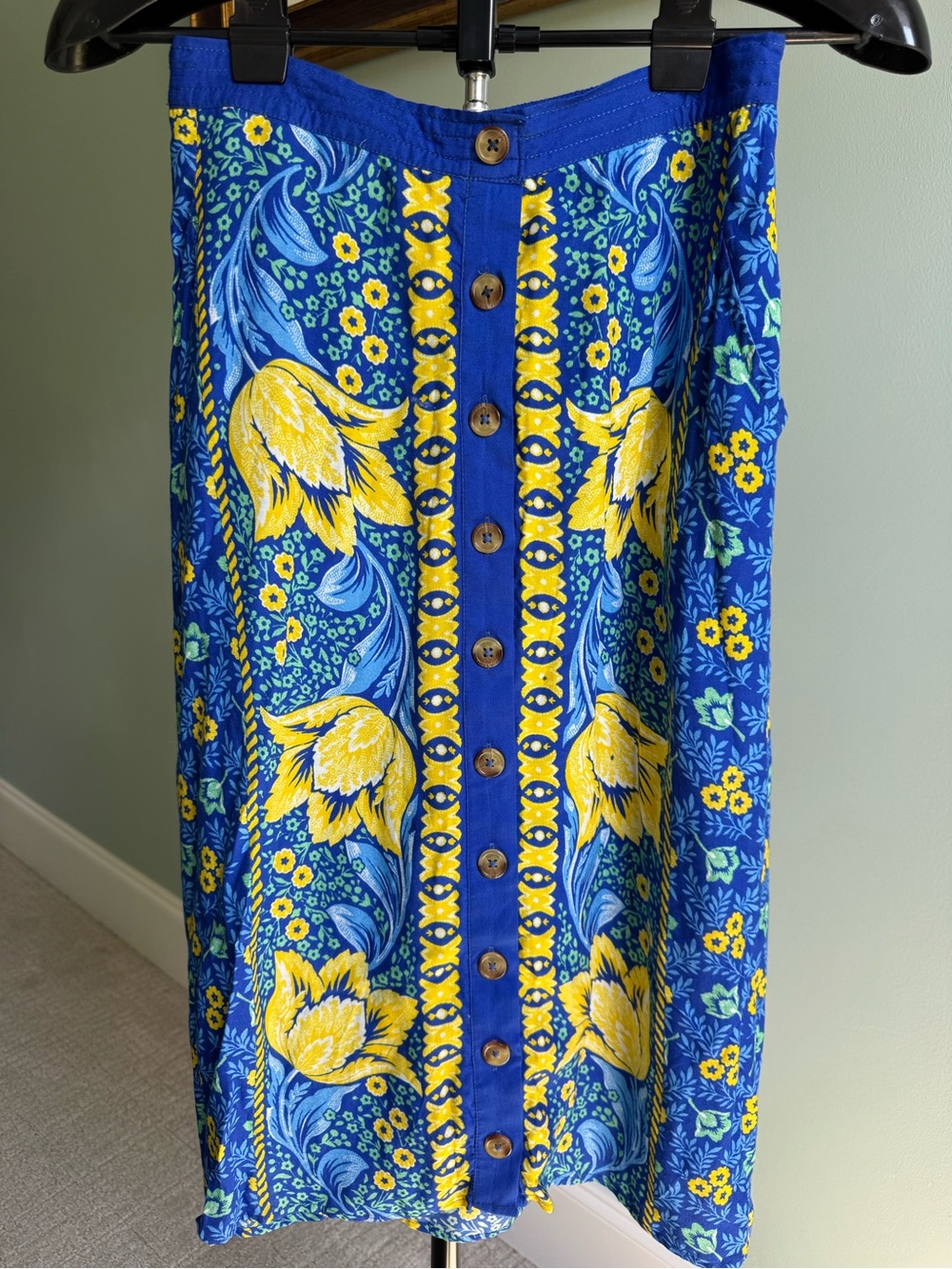 Maeve by Anthropologie Cornelia Blue Yellow Floral Button Midi Skirt 12 EUC